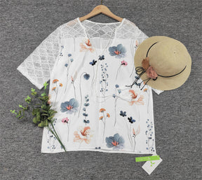 SpringStil® - Geolace mesh bloemenprint witte top met ¾ mouwen