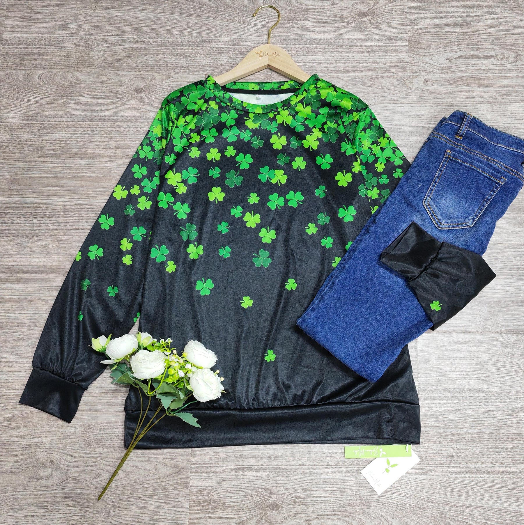 SpringStil® - Lucky Green top met lange mouwen en klavertje vier