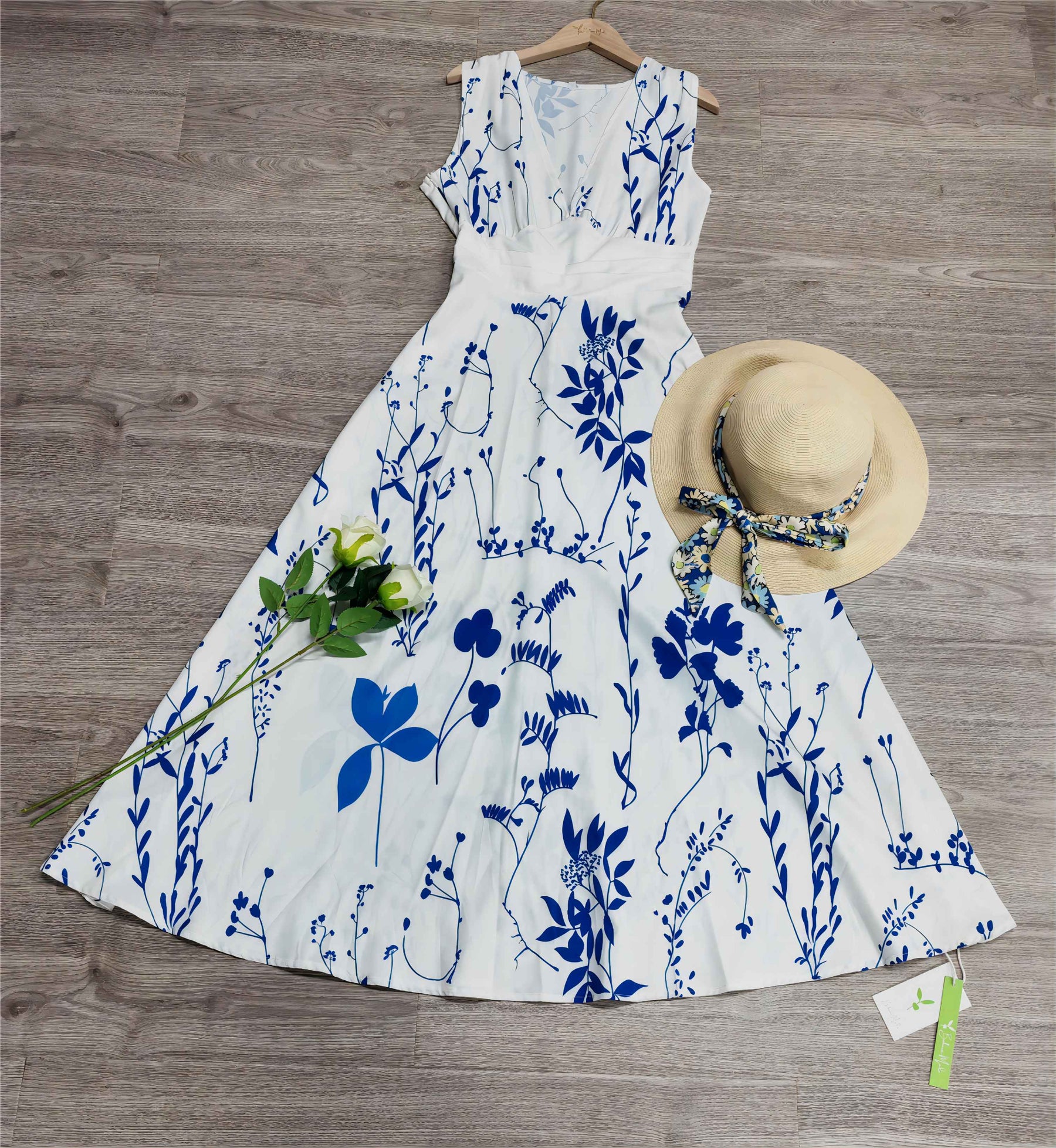 FallStil® - Midi-jurk met koningsblauwe witte bloemenprint