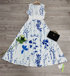 FallStil® - Midi-jurk met koningsblauwe witte bloemenprint