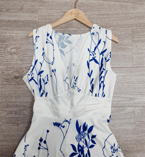 FallStil® - Midi-jurk met koningsblauwe witte bloemenprint