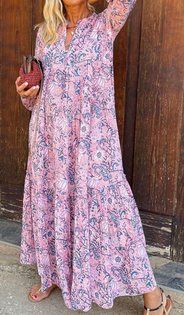 FallStil® - Roze maxi-jurk met schattige print