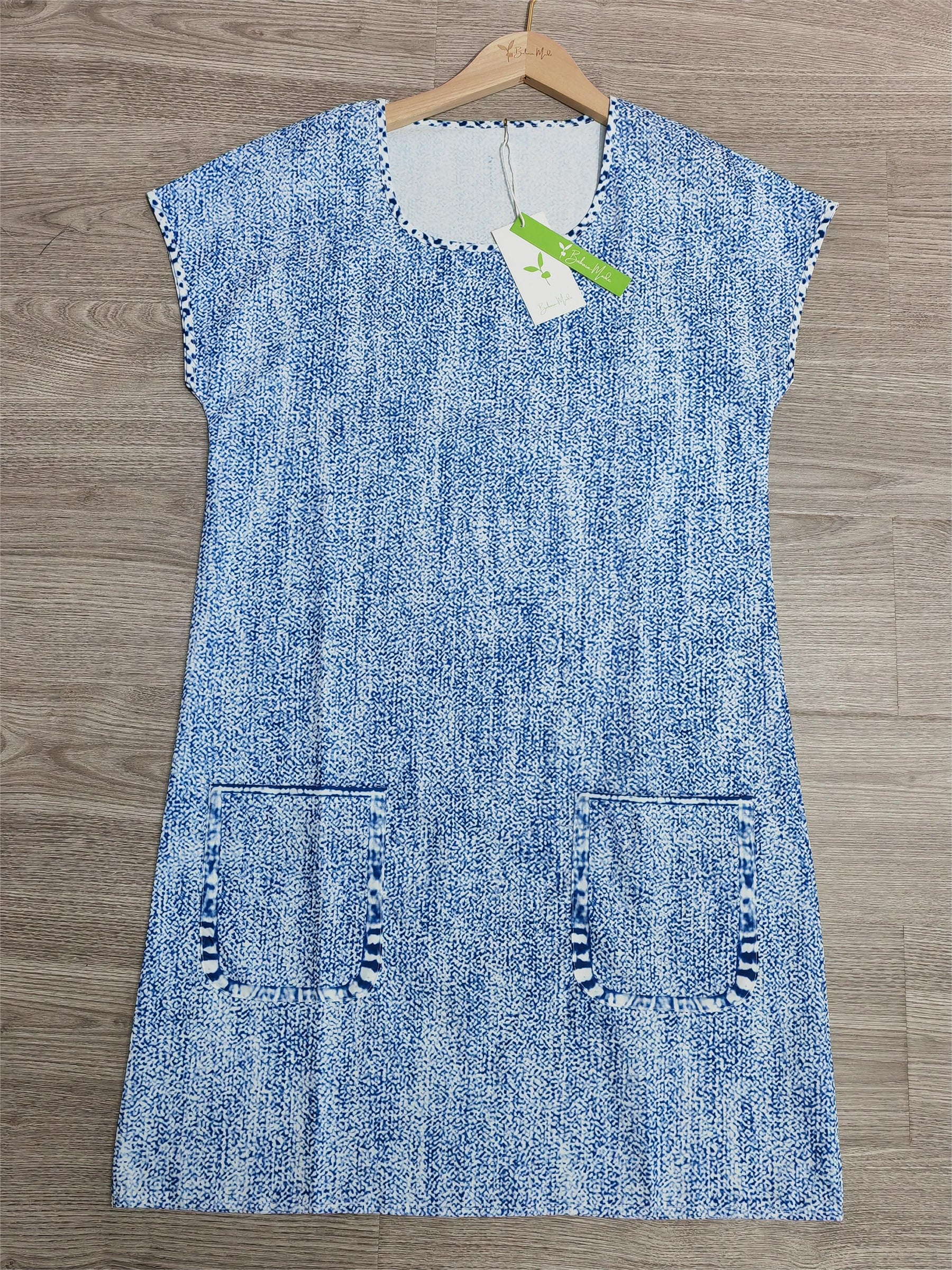 FallStil® - Blauwe effen mini-jurk met korte mouwen