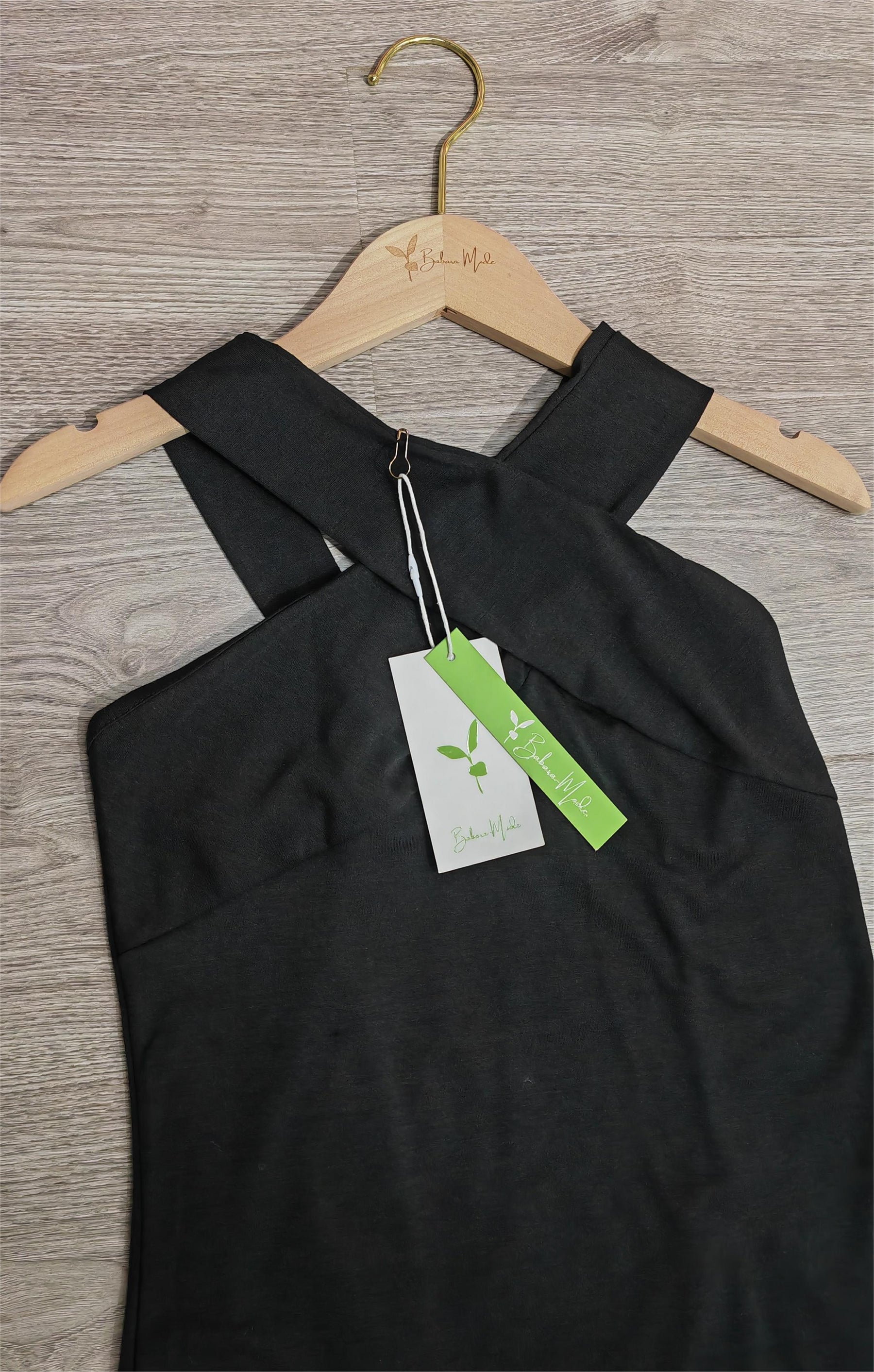 PureWear® - Jetzwarte mouwloze mini-jurk met gedraaide hoge bandjes