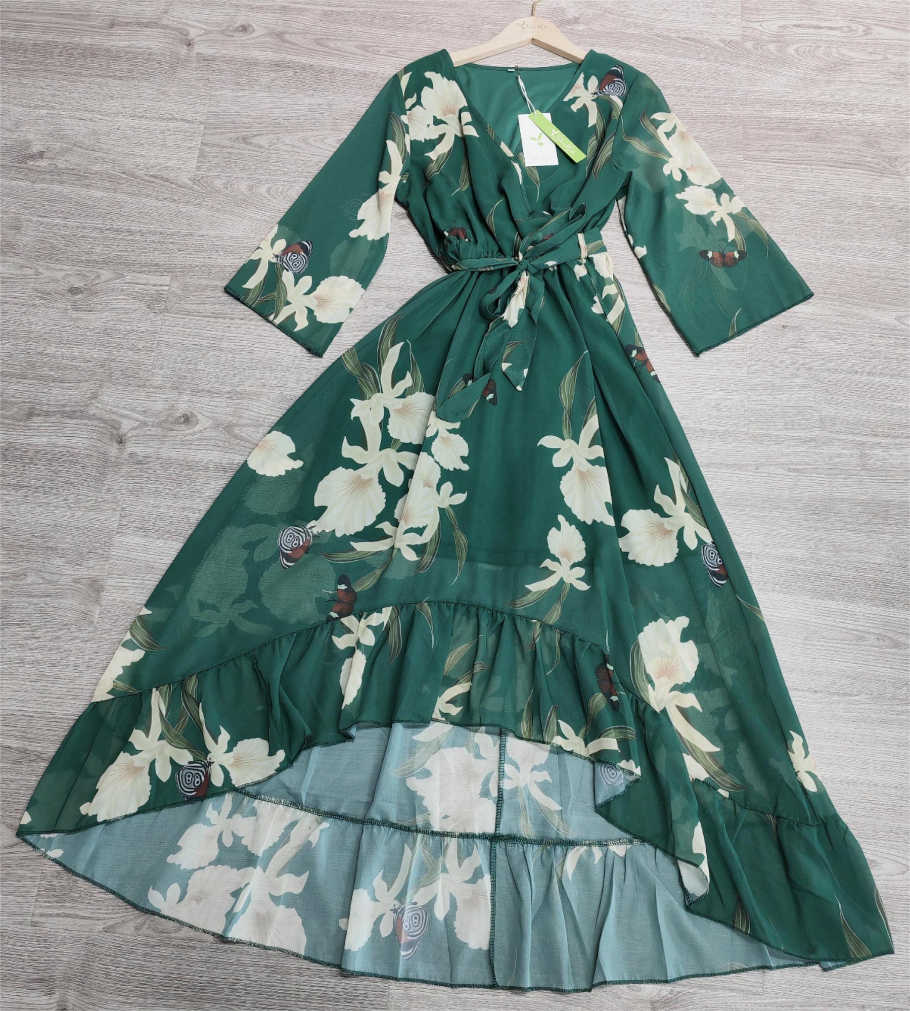 FallStil® - Groene maxi-jurk met V-hals en lange mouwen