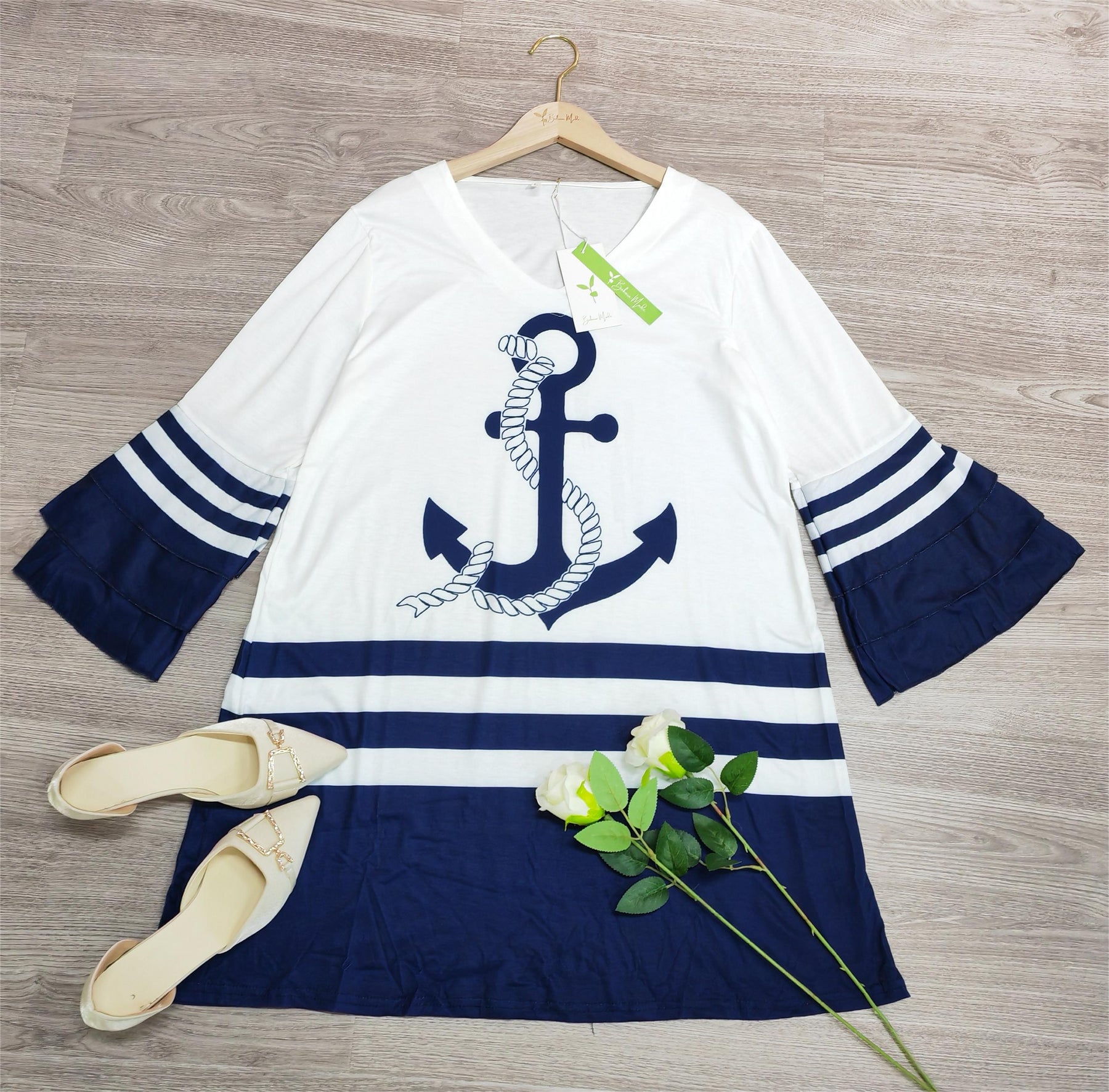 FallStil® - Nautical Breeze blauw en wit gestreepte ankermini-jurk