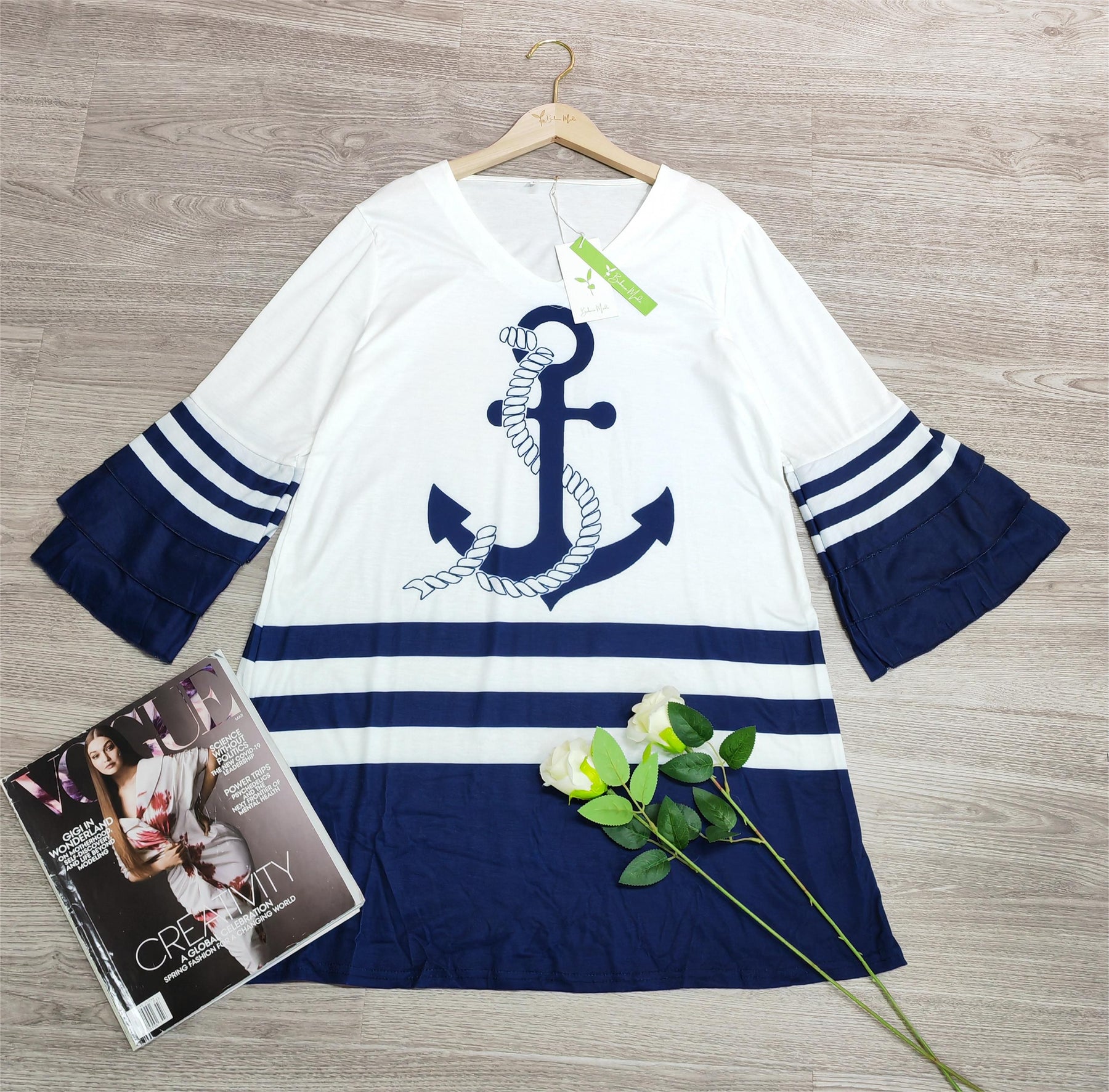 FallStil® - Nautical Breeze blauw en wit gestreepte ankermini-jurk