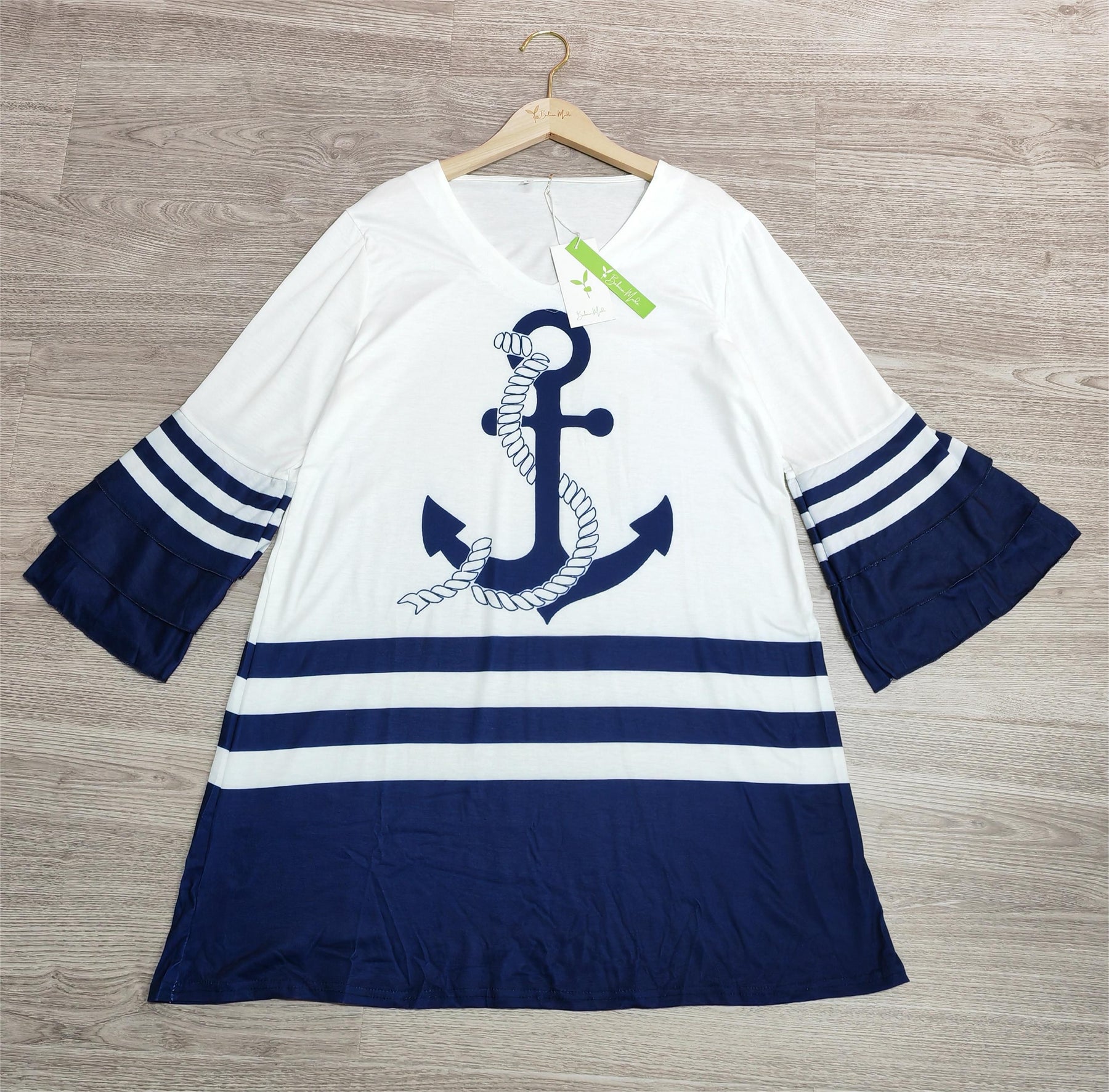 FallStil® - Nautical Breeze blauw en wit gestreepte ankermini-jurk