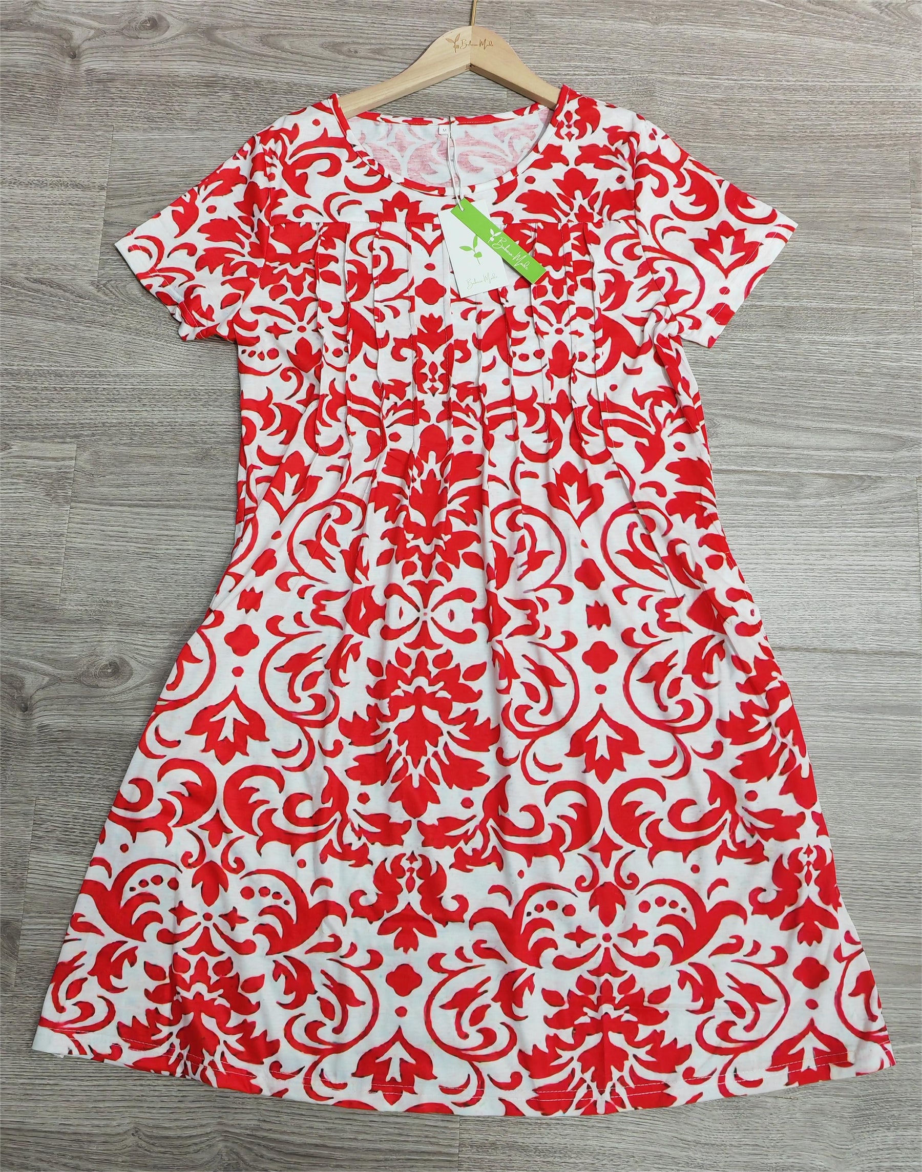 BlossomBliss® - Elegante midi-jurk met korte mouwen en rode print