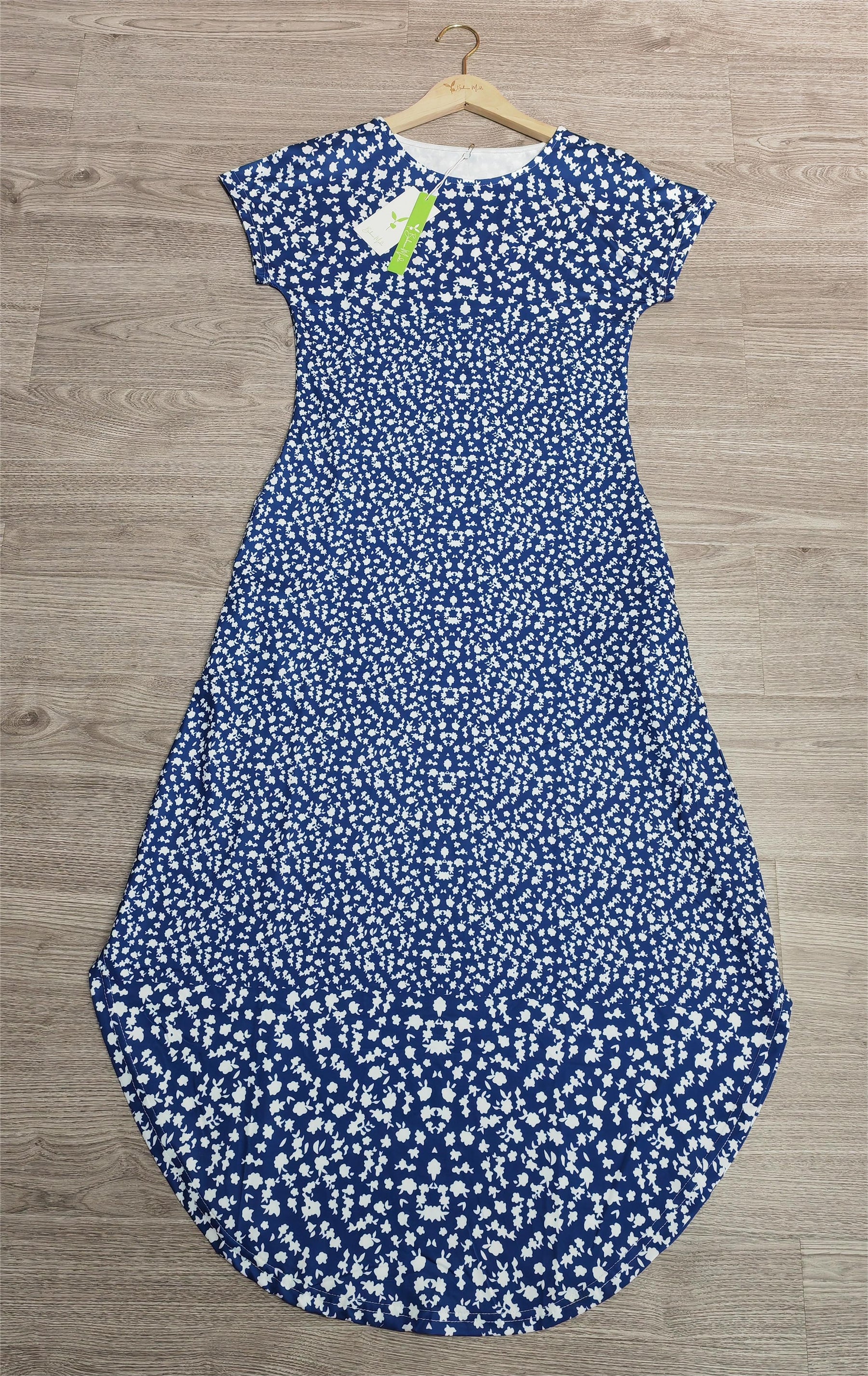 FallStil® - Midi-jurk met koningsblauwe witte bloemenprint en ronde kraag