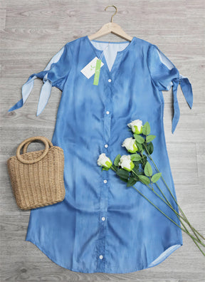 FallStil® - Chambray mini-jurk met V-hals en splitmouwen