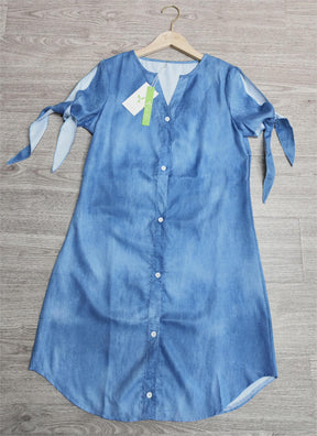 FallStil® - Chambray mini-jurk met V-hals en splitmouwen