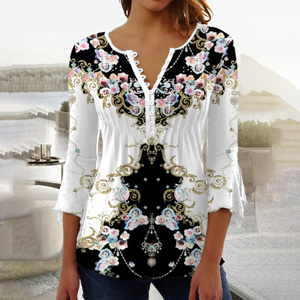 FallStil® - Vintage Inspo Zwart-witte button-down top met bloemen