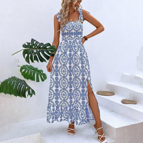 SpringStil® - Blauwe mouwloze maxi-jurk met bandjes