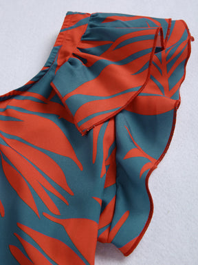 FallStil® - Maui oranje palmettoblauwe asymmetrische maxi-jurk met ruches