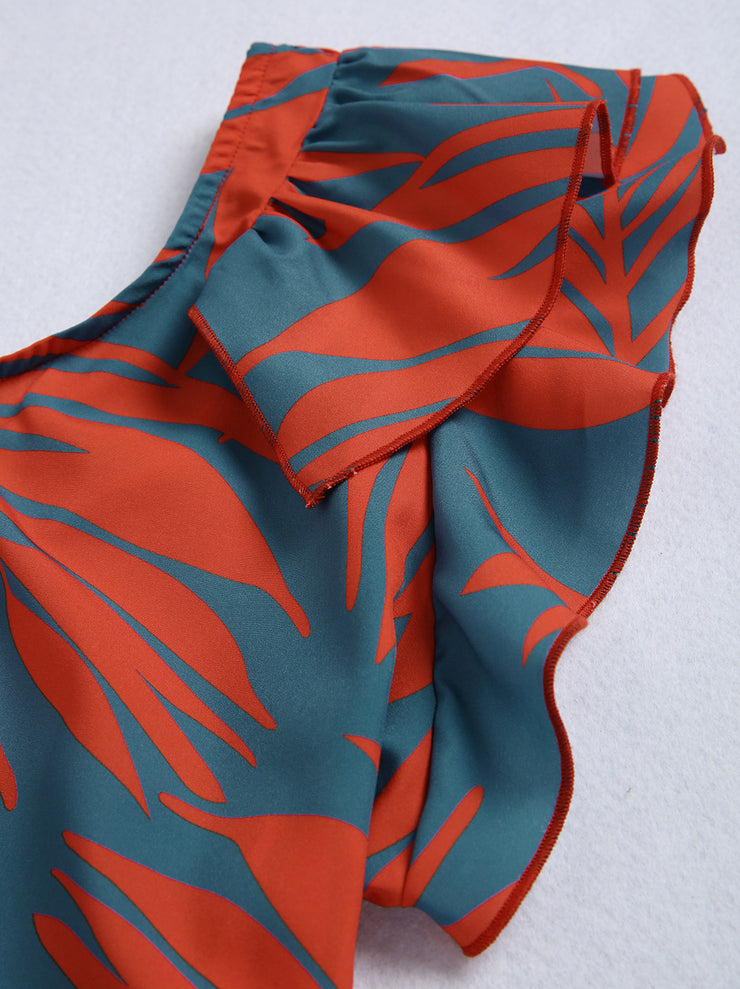 FallStil® - Maui oranje palmettoblauwe asymmetrische maxi-jurk met ruches