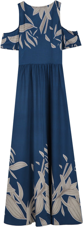 Purewear®- Kobaltblauwe zomer maxi-jurk met geplooide V-hals en koude schouders