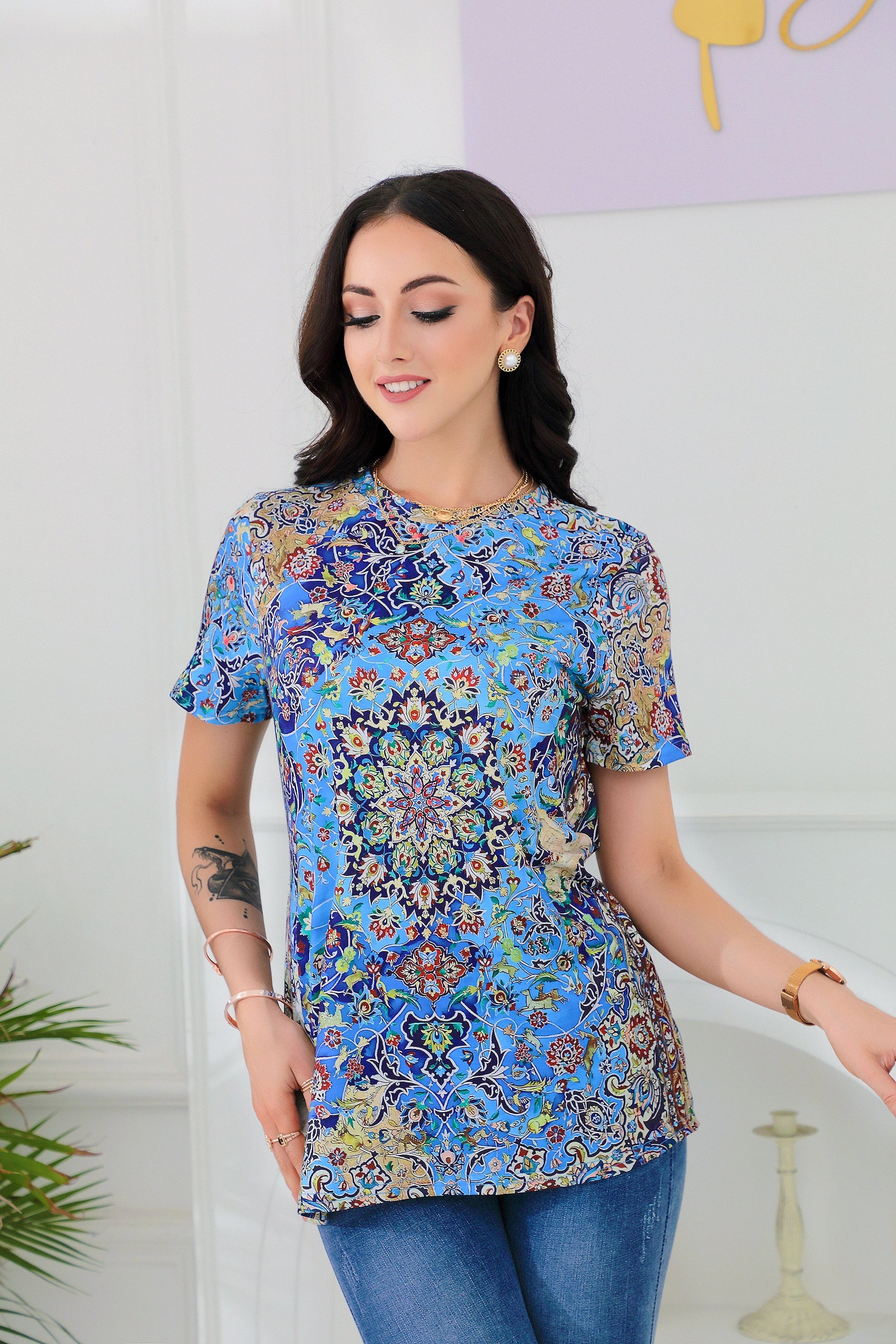 SpringStil® - Mooie top met korte mouwen en blauwe print