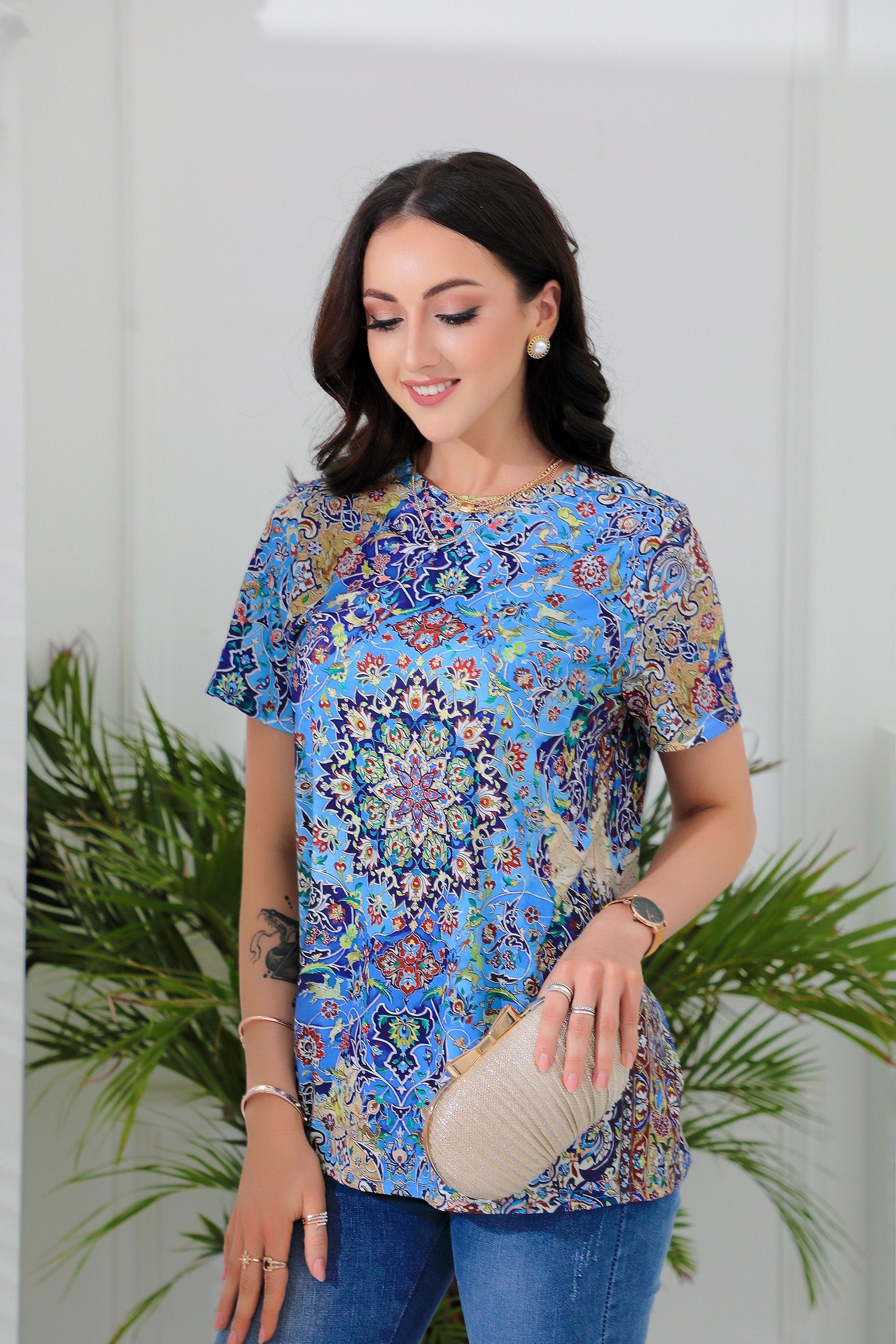 SpringStil® - Mooie top met korte mouwen en blauwe print