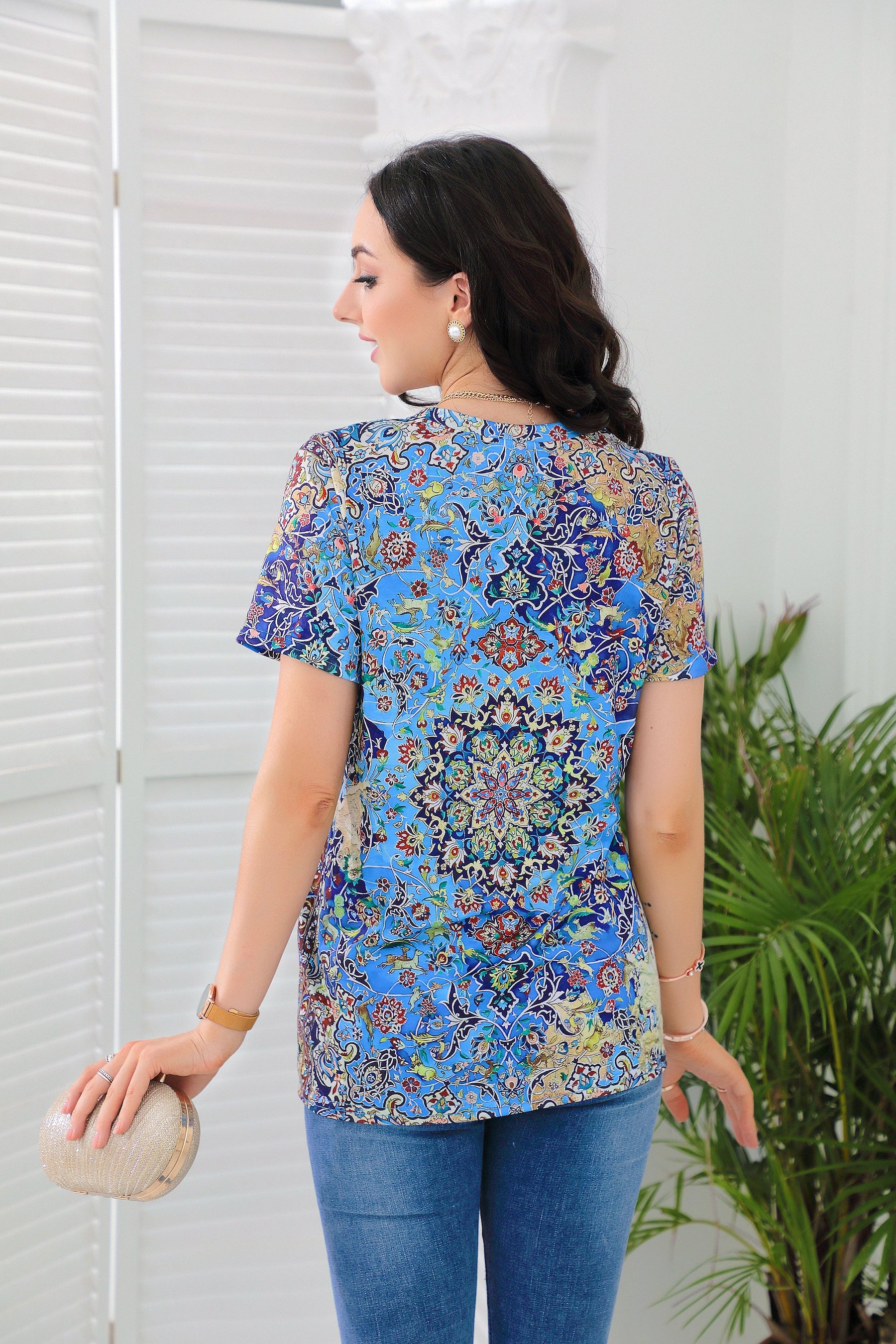 SpringStil® - Mooie top met korte mouwen en blauwe print