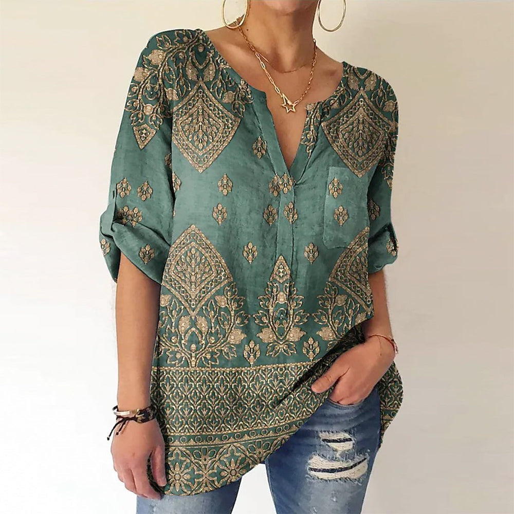 Even&amp;Vil® - Smaragdgroene saliegroene luxe tuniekblousetop met print