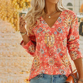 FallStil® - Boho zomerbloem rode top met V-hals