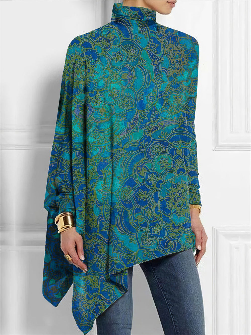 FallStil® - Paisley groen-blauwe ombre top met opstaande hals