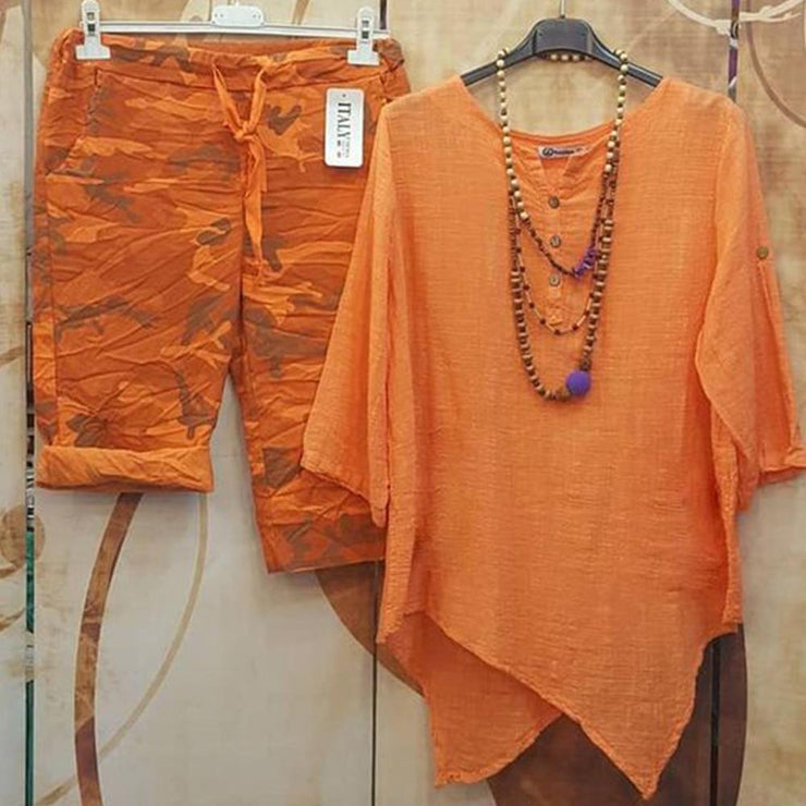 PureWear® - Tweedelige set met oranje print en 3/4 mouwen