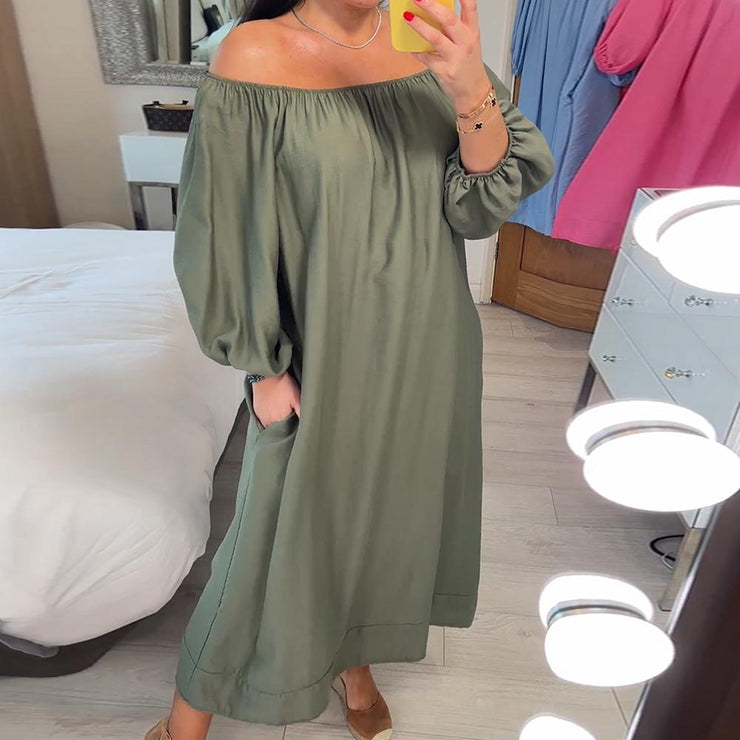 BlossomBliss® - Baggy groene effen kleur off-shoulder maxi-jurk