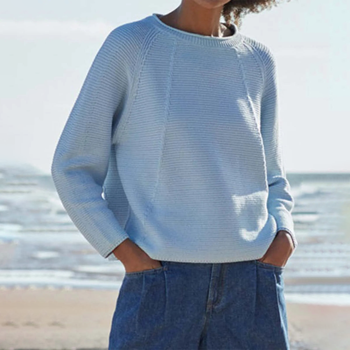 FallStil® - Frisches Blau Einfarbig Rundhalsausschnitt Langarmpullover