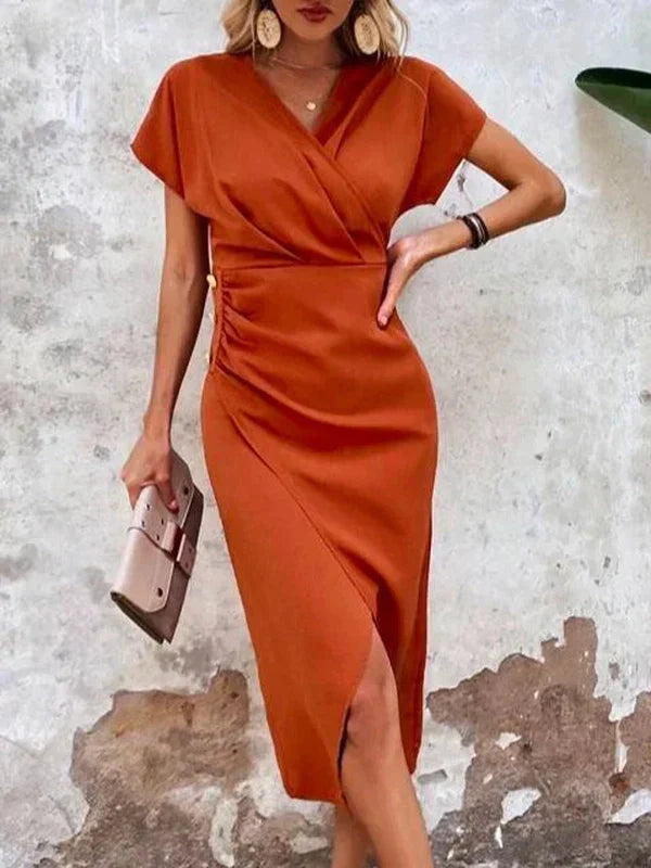 EcoExotica® - Oranje effen midi-jurk met V-hals