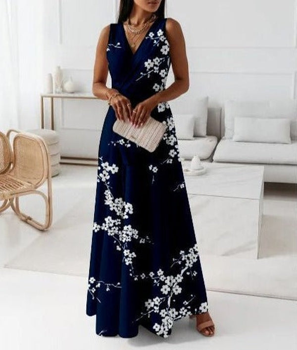 FallStil® - Marineblauwe mouwloze maxi-jurk met bloemenprint