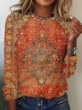 FallStil® - Geeloranje top met vintage print en lange mouwen