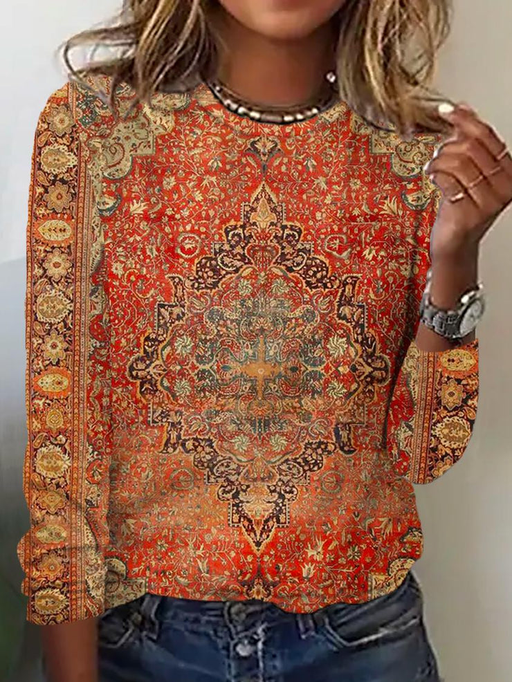 FallStil® - Geeloranje overhemd met lange mouwen en vintage print