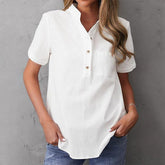 FallStil® - Effen witte top met korte mouwen en knoopsluiting