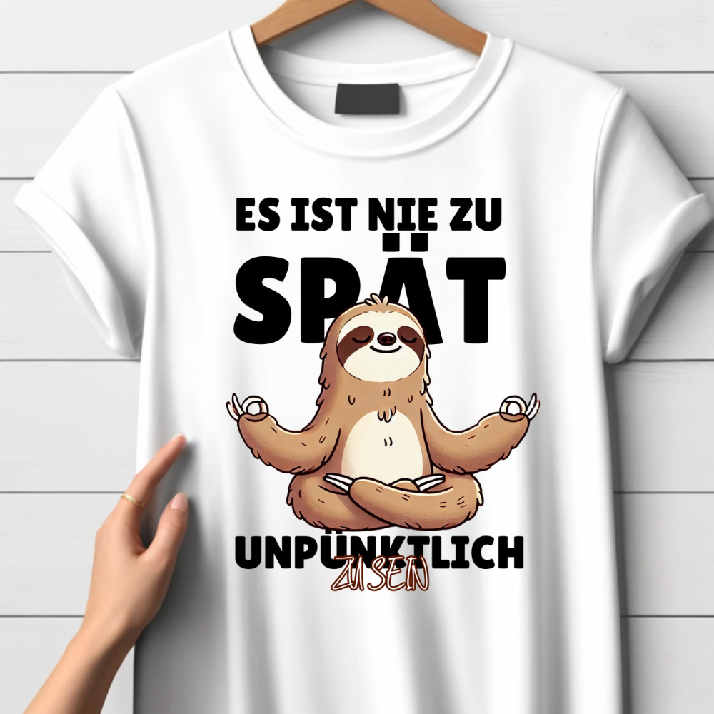 Es ist nie zu spät Faultier | Lustiges Statement Shirt | Humorvolles Design | Yoga & Faultier-Lifestyle | Damen T-Shirt