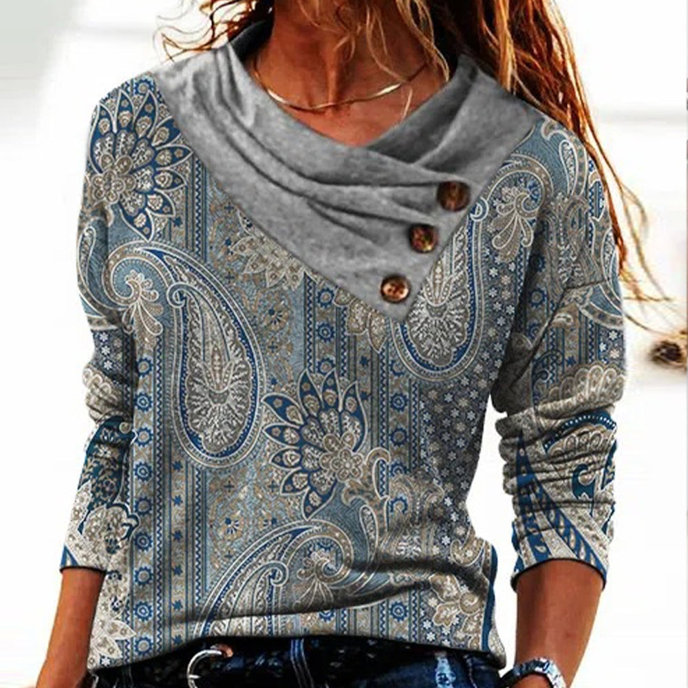 FallStil® - Blauwe paisley top met grijze omslagkraag en lange mouwen