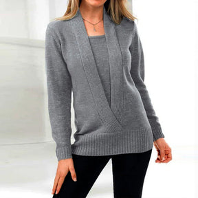 WinterTrend® - Grijze Twofer-sweater met lange mouwen en V-hals