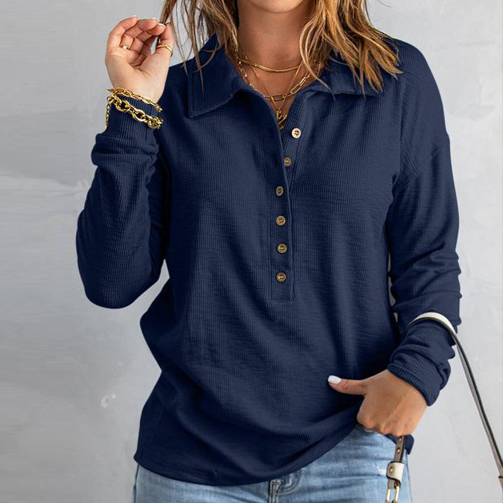 FallStil® - Marineblauwe Henley-top met lange mouwen en knoopsluiting