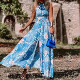 Purewear®- Blauwe halter maxi-jurk met print