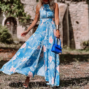 Purewear®- Blauwe halter maxi-jurk met print