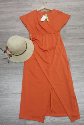 FallStil® - Oranje midi-jurk met V-hals, effen kleur