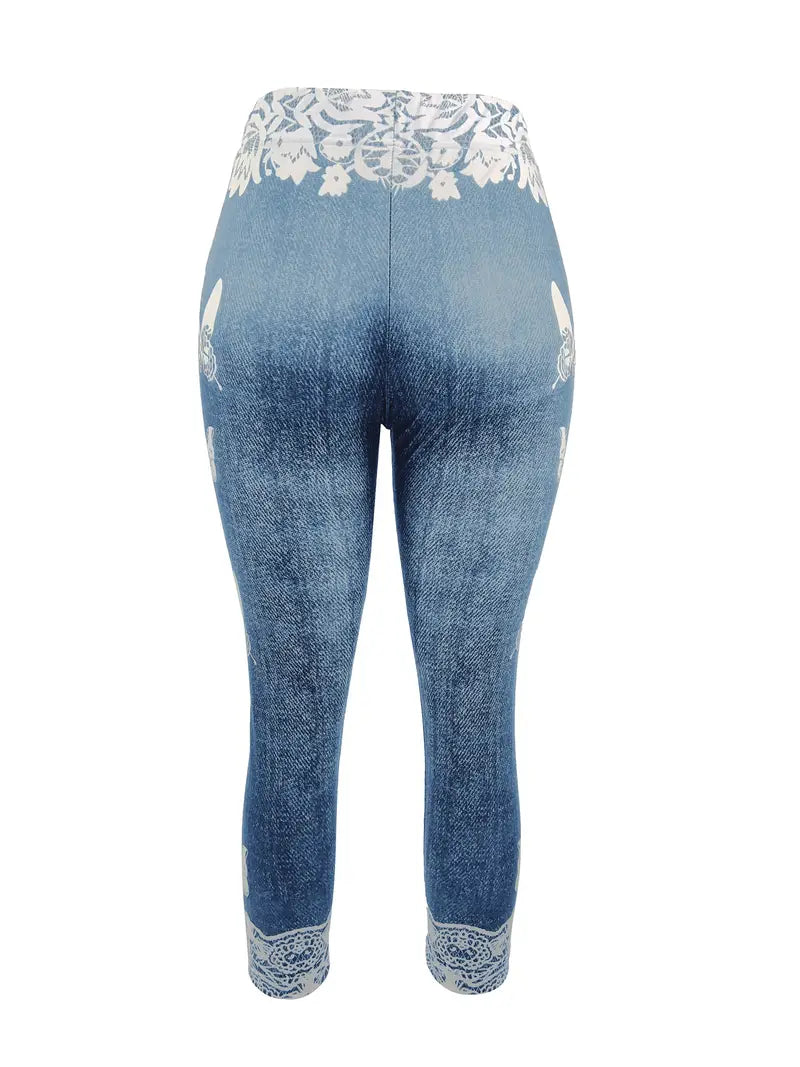 BioBlüte® - Blauwe denim capri-jeans met kant en vlinder