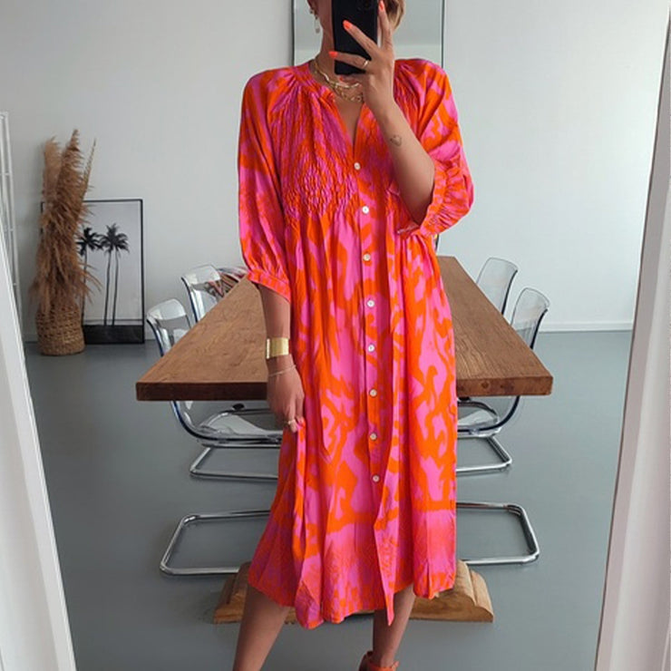 PureWear® - Roze en oranje midi-jurk met ruches en knopen