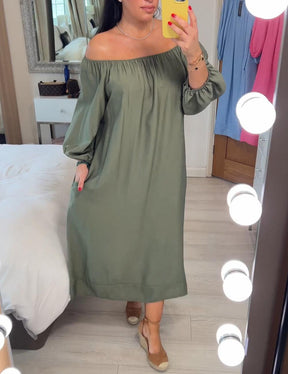 BlossomBliss® - Baggy groene effen kleur off-shoulder maxi-jurk