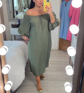 BlossomBliss® - Baggy groene effen kleur off-shoulder maxi-jurk