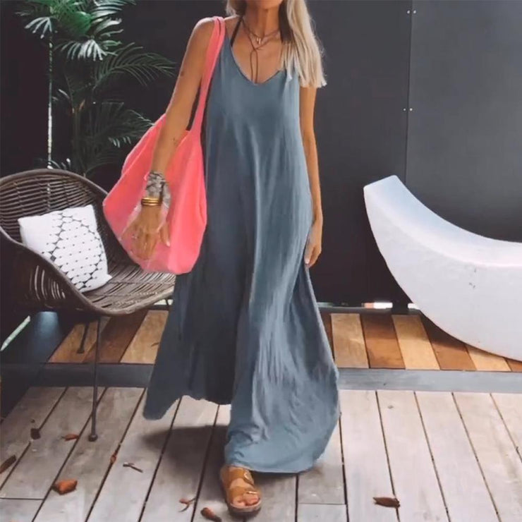 BlossomBliss® - Wijde mouwloze maxi-jurk in effen kleur