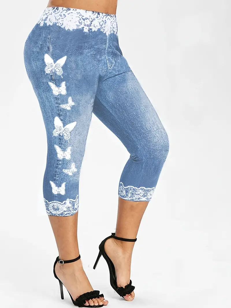 BioBlüte® - Blauwe denim capri-jeans met kant en vlinder