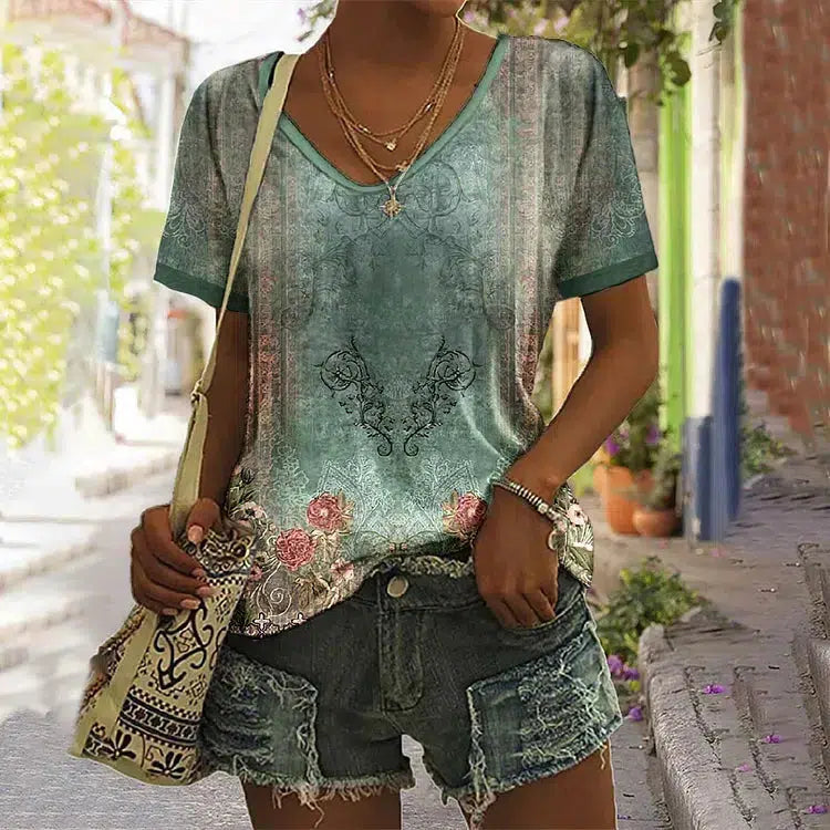 Vintage V-shirt met print