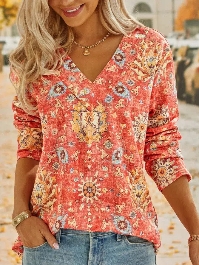 SpringStil® - Boho zomerbloem rode top met V-hals